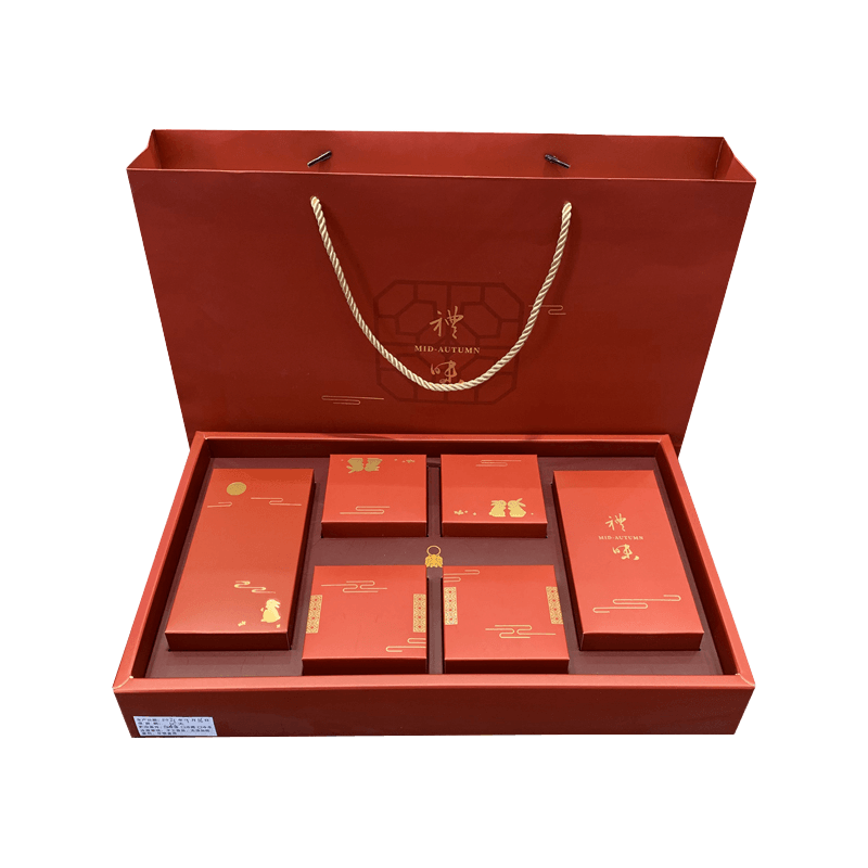 Op maat gemaakte papieren Mooncake-verpakking Geschenkdoos met tas Geschenkverpakkingsset Rood voor Midherfstfestival voor 6 stuks